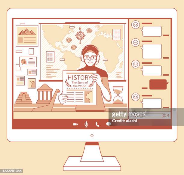 stockillustraties, clipart, cartoons en iconen met one young muslim female teacher with hijab and headphones teaching online courses on a computer monitor, e-learning concept - verhalenverteller