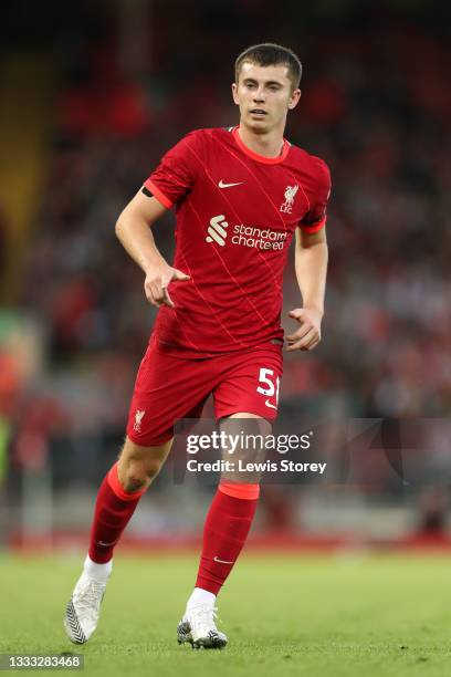 Ben Woodburn of Liverpool in action during the Pre-Season Friendly match between Liverpool and Osasuna at Anfield on August 09, 2021 in Liverpool,...