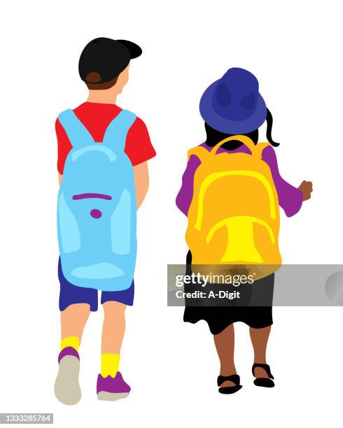 small kids heavy load backpack - kid and little sister cartoon 幅插畫檔、美工圖案、卡通及圖標