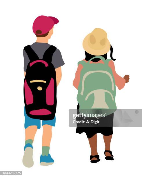 ilustraciones, imágenes clip art, dibujos animados e iconos de stock de mochila de carga pesada para niños pequeños - kid and little sister cartoon