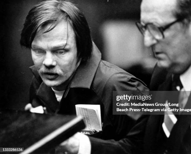 Lawrence Bittaker with attorney Albert Garber, right, in Torrance Superior Court, Feb 17, 1981.