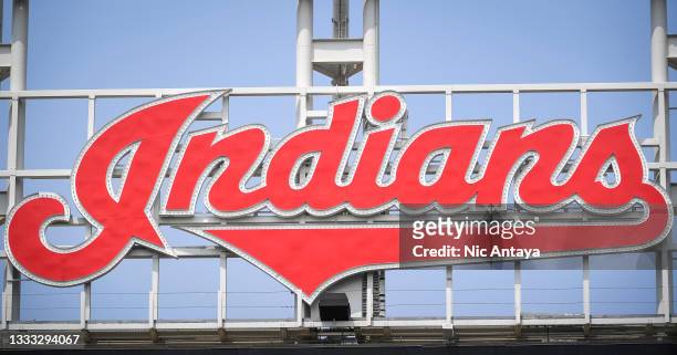 The Cleveland Indians logo is pictured during the game against the Detroit Tigers at Progressive Field on August 08, 2021 in Cleveland, Ohio.