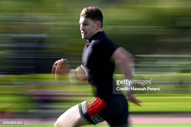 Beauden Barrett runs through drills during a New Zealand All Blacks training session at Waitakere Stadium on August 10, 2021 in Auckland, New Zealand.