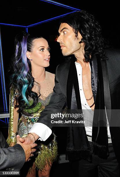 Katy Perry and Russell Brand pose backstage during the MTV Europe Music Awards 2010 live show at La Caja Magica on November 7, 2010 in Madrid, Spain.