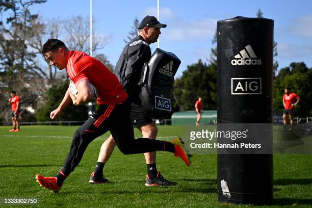 Will Jordan runs through drills during a New Zealand All Blacks training session at Waitakere Stadium on August 10, 2021 in Auckland, New Zealand.