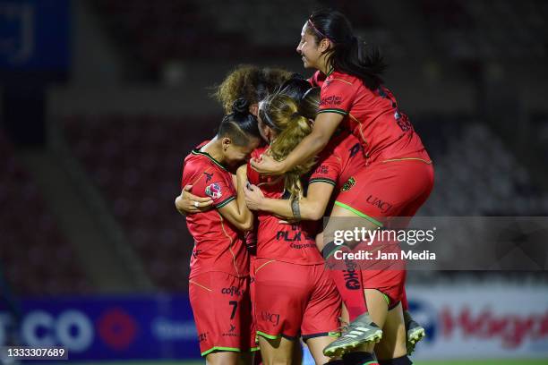 Alejandra Curiel of Juarez celebrates with teammates after scoring the first goal of his team during the match between FC Juarez and Chivas as part...