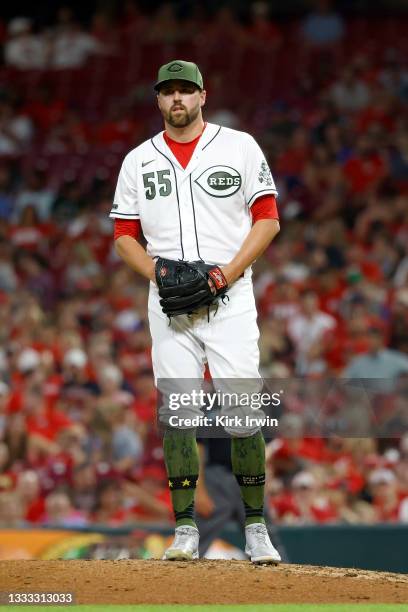 Heath Hembree of the Cincinnati Reds pitches during the game against the Pittsburgh Pirates at Great American Ball Park on August 6, 2021 in...