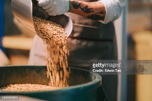 uomo senior che lavora in asia cinese raccogliendo chicchi di caffè crudo dal secchio alla pesatrice e mescolandolo per il processo di tostatura del caffè nel magazzino di fabbrica - coffee crop foto e immagini stock