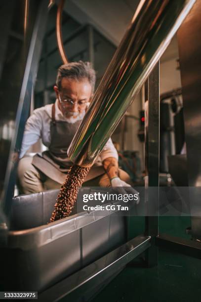 asian chinese senior man craftsperson examining roasted coffee bean de-stoning stone removal process after spinning out from cooling process in his factory - coffee manufacturing stock pictures, royalty-free photos & images