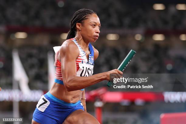 Allyson Felix of Team United States competes in the Women's 4 x 400m Relay Final on day fifteen of the Tokyo 2020 Olympic Games at Olympic Stadium on...