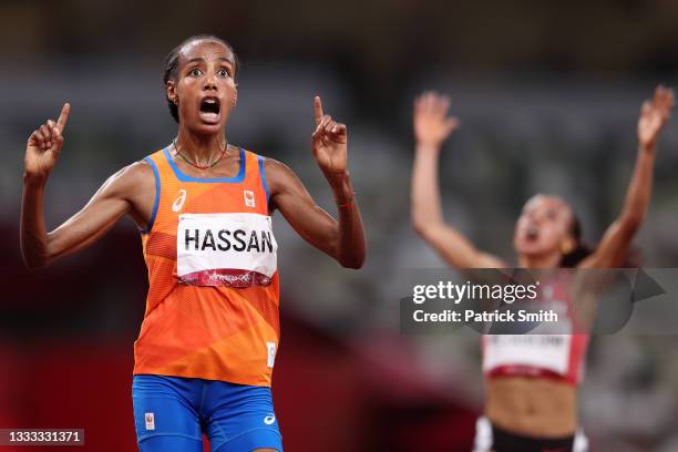 Sifan Hassan of Team Netherlands celebrates as she wins the gold medal in the Women's 10,000m Final on day fifteen of the Tokyo 2020 Olympic Games at...