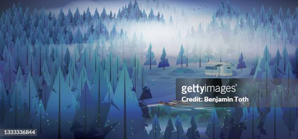 caravan campsite in the forest at night - camping car stock illustrations