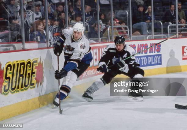 Brendan Witt, Defenseman for the Washington Capitals and Jassen Cullimore, Defenseman for the Tampa Bay Lightning in motion on the ice during the NHL...