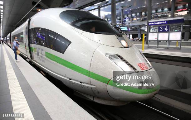 An Intercity Express high-speed train prepares to depart from Berlin's main train station, or Hauptbahnhof, on August 10, 2021 in Berlin, Germany....