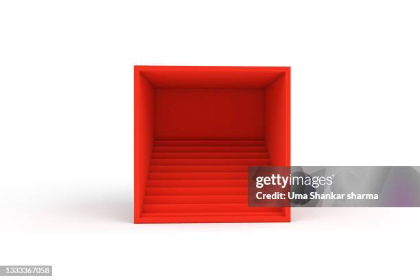 computer generated image of a 3d box with stairs in it. - red pedestal stock pictures, royalty-free photos & images