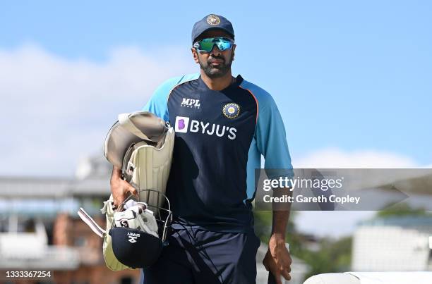 Ravichandran Ashwin of India walks to the nets during a nets session at Lord's Cricket Ground on August 10, 2021 in London, England.