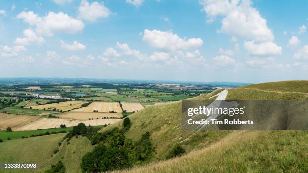 panoramic view of westbury white horse on a summer day. - wiltshire fotografías e imágenes de stock