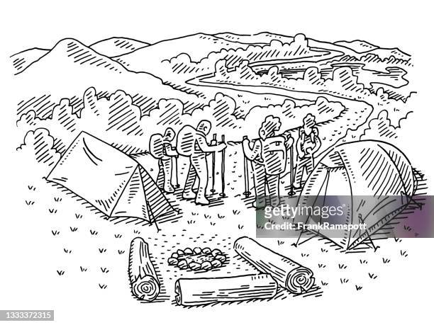 outdoor camping and hiking family drawing - family hiking stock illustrations