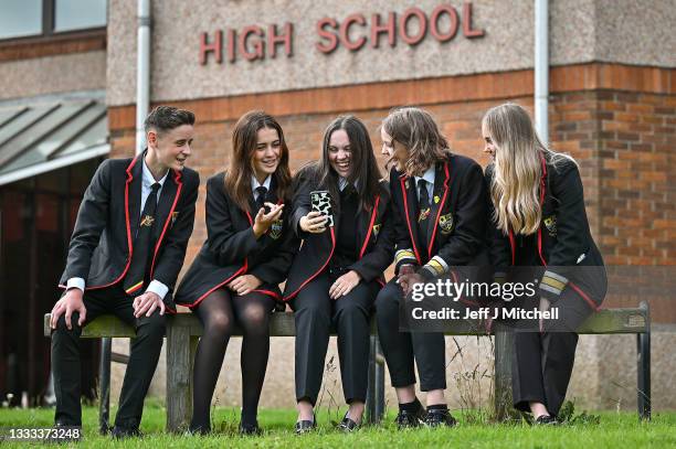 Mason Smith, Beth Adam, Katie Wilson, Charlotte Alexander and Katie Brennan pose for photographs during a visit by Shirley-Anne Somerville Cabinet...