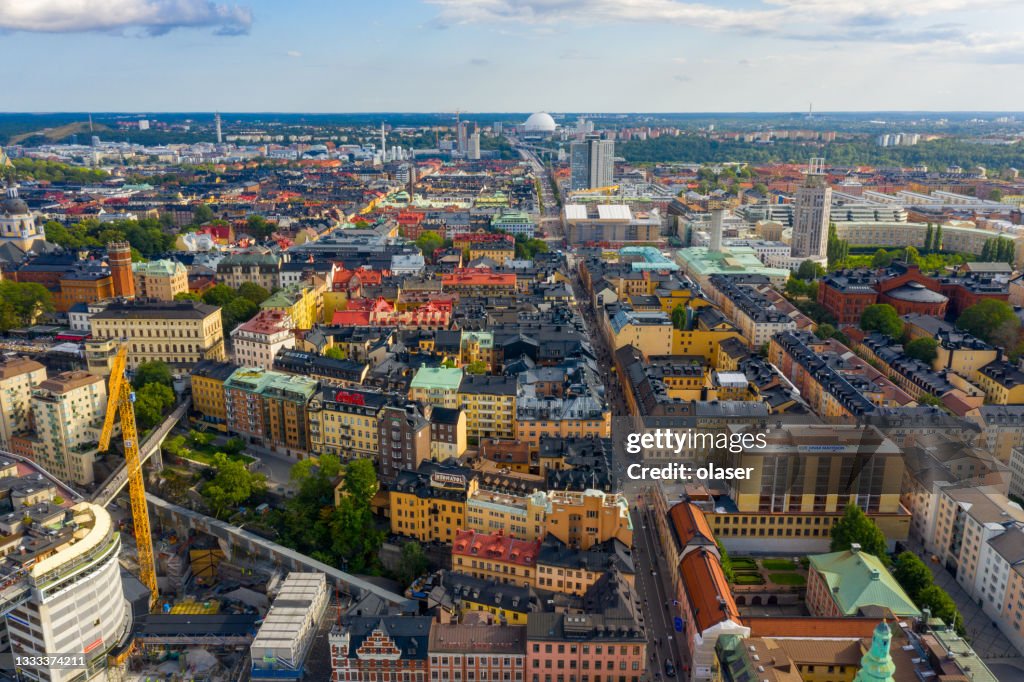 Flying over central Stockholm "Söder" (Sodermalm), apartment buildings, Götgatan