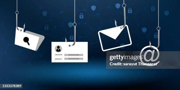 fishing rod is harvesting user data in cyberspace. - phishing stock-fotos und bilder