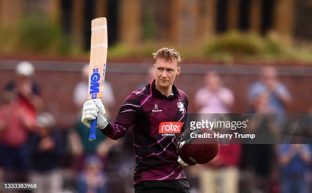George Bartlett of Somerset celebrates after reaching their century during the Royal London One Day Cup match between Somerset and Leicestershire at...