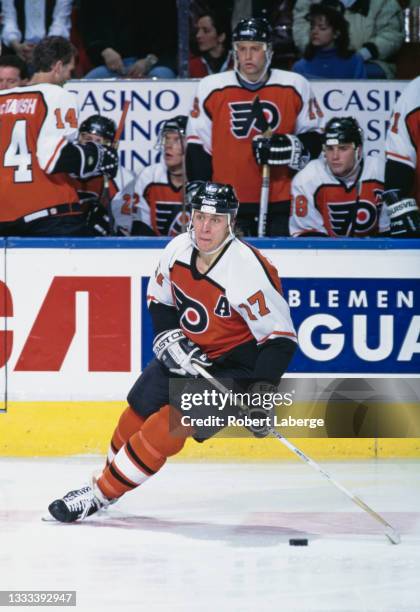 Rod Brind'Amour, Center for the Philadelphia Flyers in motion on the ice during the NHL Eastern Conference Northeast Division game against the...