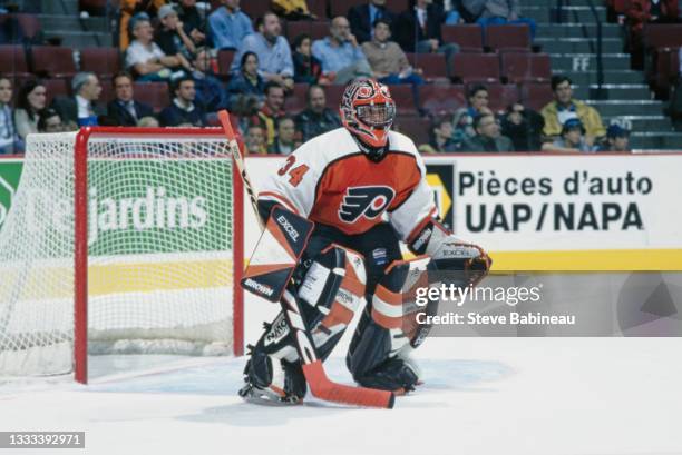 John Vanbiesbrouck, Goaltender for the Philadelphia Flyers looks on tending goal during the NHL Pre Season game against the Montreal Canadiens on...
