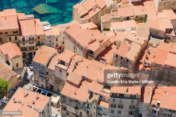 high angle view of buildings in city,bonifacio,france - corsica foto e immagini stock