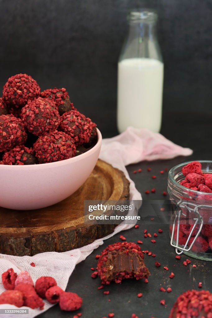 Dehydrated Raspberry Chocolate Image Of Homemade Individual Chocolate Truffle Sweets With Ganache ...