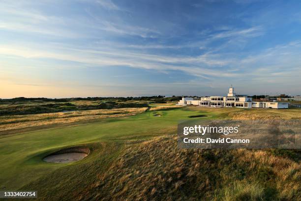 View of the approach to the green on the 18th hole with the clubhouse behind at Royal Birkdale Golf Club on August 03, 2021 in Southport, England.