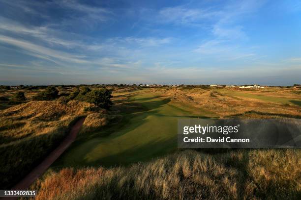 View from behind the green on the par 4, 11th hole at Royal Birkdale Golf Club on August 03, 2021 in Southport, England.