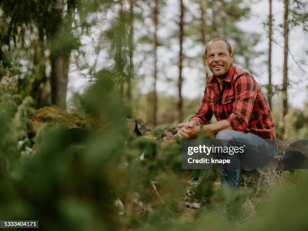 man out in summer with his dog in beautiful forest nature - flannel stock pictures, royalty-free photos & images