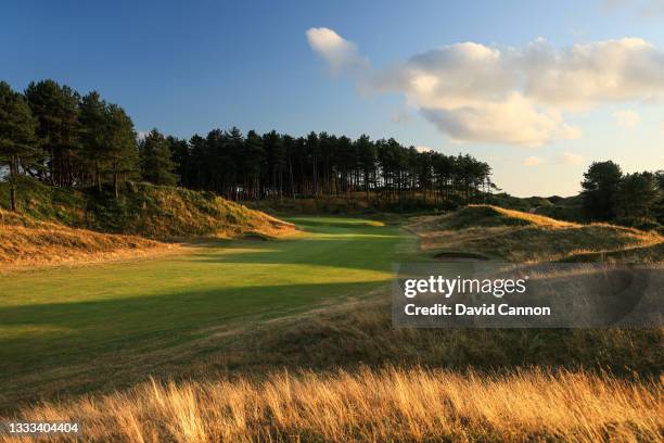 Of the approach to the green on the par 5, 11th hole at Hillside Golf Club on August 02, 2021 in Southport, England.