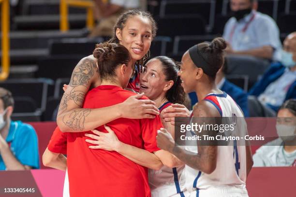 August 8: Five-time Olympic gold medalists Diana Taurasi and Sue Bird of the United States celebrate on the sideline after the team victory with...