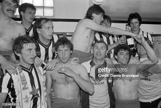 Newcastle players from left to right Kevin Carr, Glenn Roeder, David McCreery, Chris Waddle, Peter Beardsley and Kenny Wharton, Front Row, John...