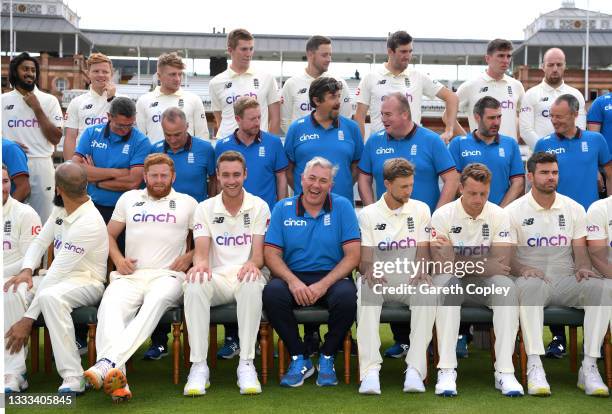 England coach Chris Silverwood laughs as England prepare for a team picture at Lord's Cricket Ground on August 10, 2021 in London, England.