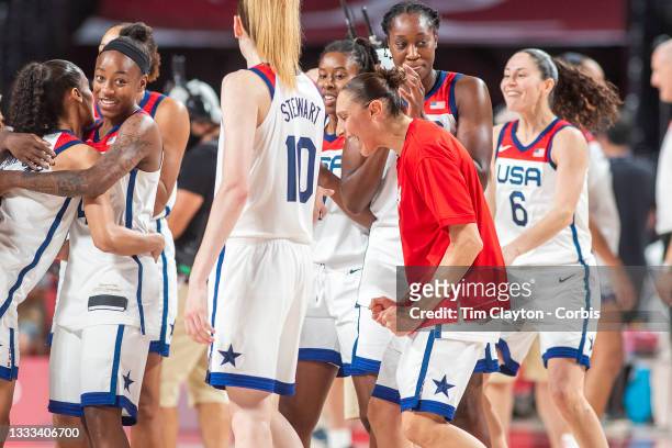 August 8: Five-time Olympic gold medalists Diana Taurasi, and Sue Bird of the United States celebrate on the sideline after the team victory during...