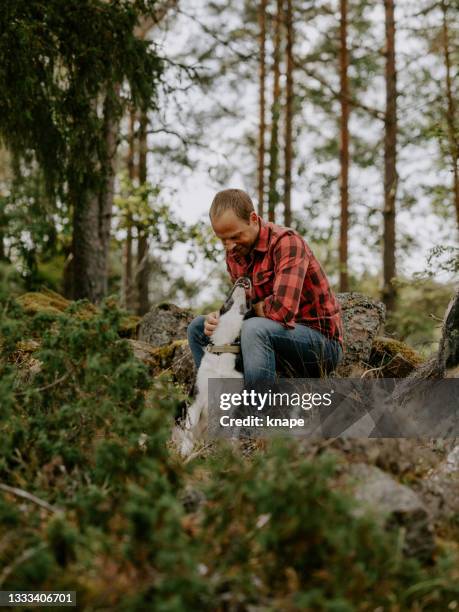 man out in summer with his dog in beautiful forest nature - flannel shirt stock pictures, royalty-free photos & images