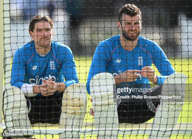 Rory Burns and Dom Sibley of England look on during a training session before Thursday's 2nd LV= Test match between England and India at Lord's...