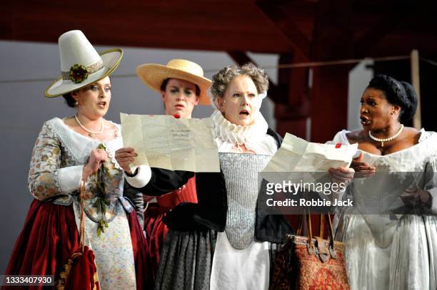 Sioned Gwen Davies as Meg Page,Gemma Summerfield as Nannetta, Louise Winter as Mistress Quickly and Elizabeth Llewellyn as Alice Ford in Scottish...