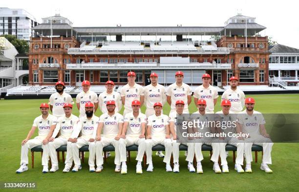 England wear their Red For Ruth Foundation caps for a team picture at Lord's Cricket Ground on August 10, 2021 in London, England.