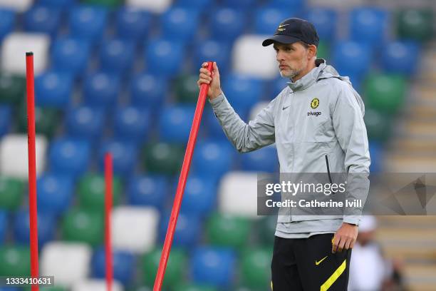 Thomas Tuchel, Manager of Chelsea looks on during a Chelsea FC Training Session ahead of the UEFA Super Cup 2021 match between Chelsea FC and...