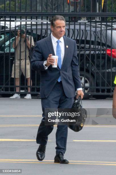 New York Governor Andrew Cuomo is seen at the Eastside Heliport in Midtown on August 10, 2021 in New York City. Cuomo announced today that he will be...