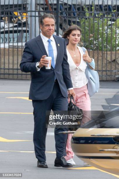 New York Governor Andrew Cuomo and Michaela Kennedy-Cuomo are seen at the Eastside Heliport in Midtown on August 10, 2021 in New York City. Cuomo...