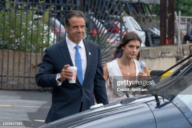 New York Governor Andrew Cuomo and Michaela Kennedy-Cuomo are seen at the Eastside Heliport in Midtown on August 10, 2021 in New York City. Cuomo...