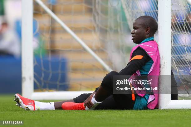 Golo Kante of Chelsea looks on during a Chelsea FC Training Session ahead of the UEFA Super Cup 2021 match between Chelsea FC and Villarreal at...