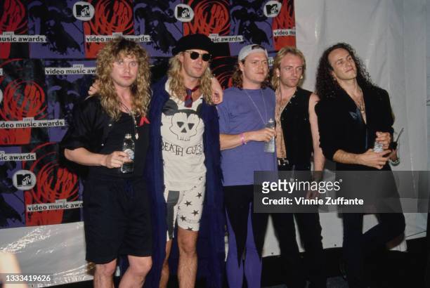British rock band Def Leppard attend the 1992 MTV Video Music Awards, held at the Edwin W Pauley Pavilion in the Westwood neighbourhood of Los...