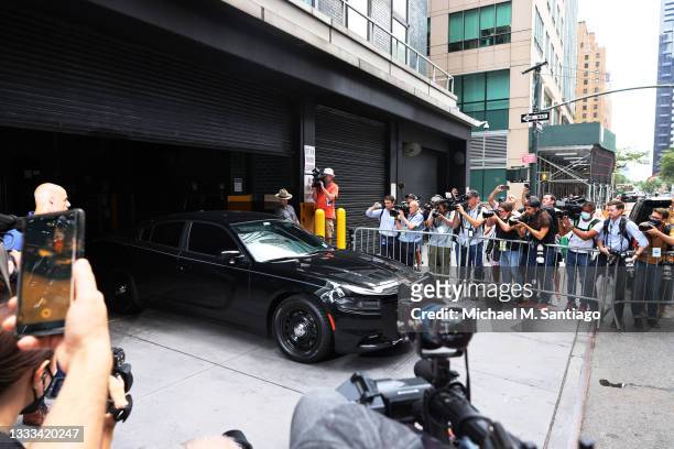 Gov. Andrew Cuomo drives away from his Manhattan office after a press conference announcing his resignation on August 10, 2021 in New York City. Gov....