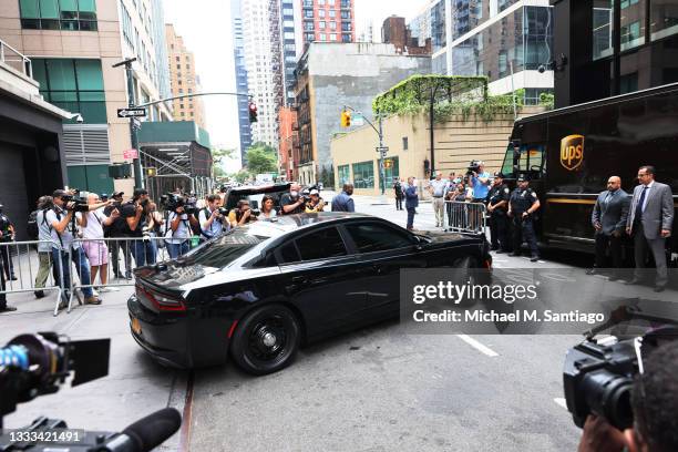 Gov. Andrew Cuomo drives away from his Manhattan office after a press conference announcing his resignation on August 10, 2021 in New York City. Gov....